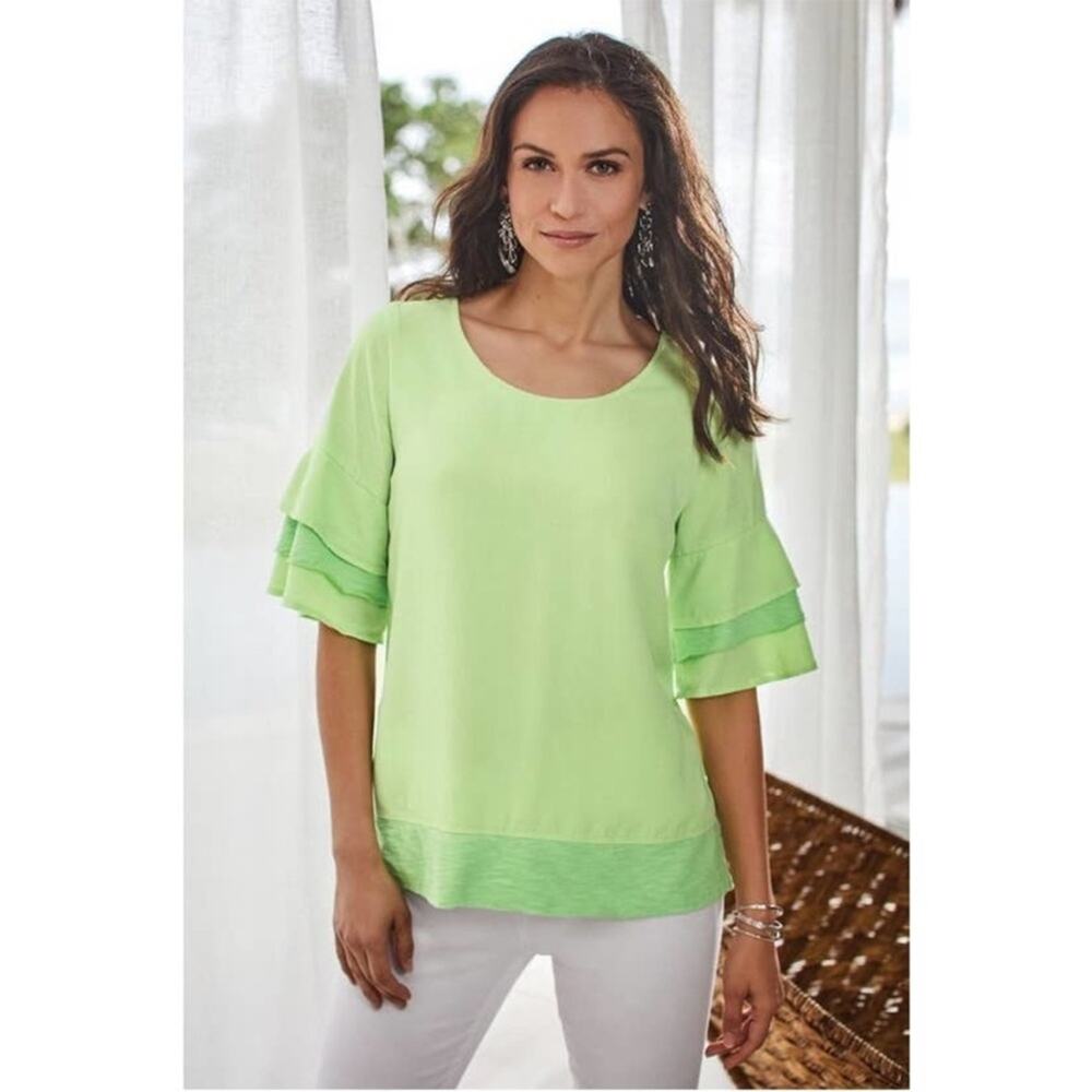 NWT Soft Surroundings Oakleigh Top Margarita Green Ruffle Tiered Sleeve Medium